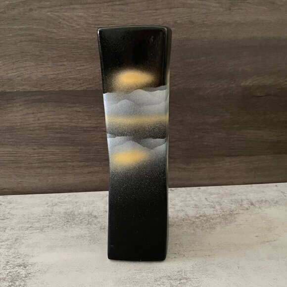 Japanese Black Mountain Sunrise Hand Painted Textured Satin Finish 8.5" Vase - Picture 3 of 9